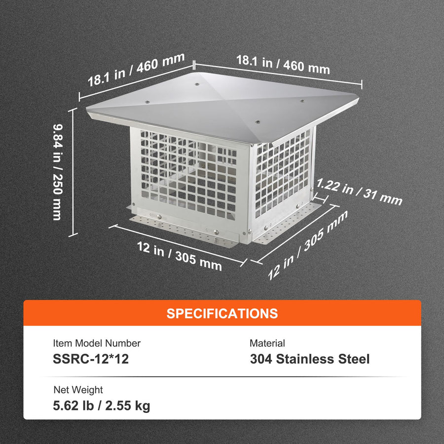 Chimney Cap 304.8 x 304.8mm, 304 Stainless Steel Fireplace Chimney Cover, Not Easily Toppled & Practical Accessories & Easy Installation, Fits Mesh Flue Covers Outside Clay Flue Shingles, Silver
