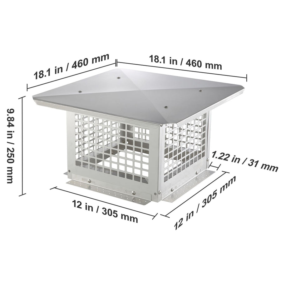 Chimney Cap 304.8 x 304.8mm, 304 Stainless Steel Fireplace Chimney Cover, Not Easily Toppled & Practical Accessories & Easy Installation, Fits Mesh Flue Covers Outside Clay Flue Shingles, Silver