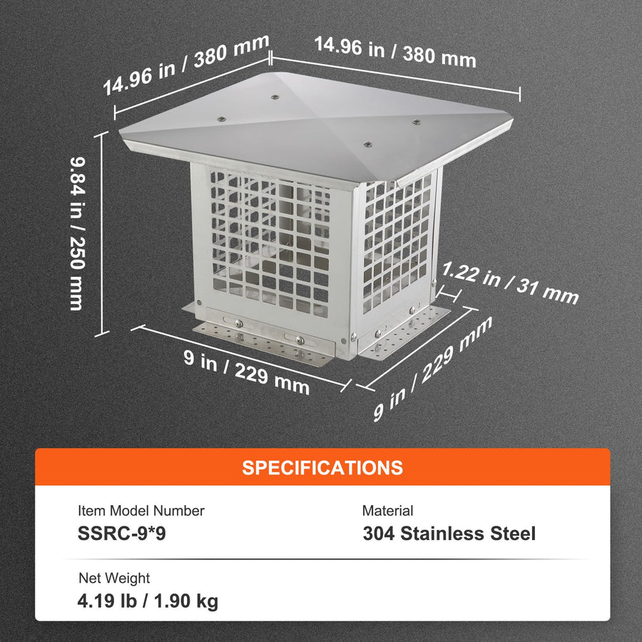 Chimney Cap 9” x 9” 304Stainless Steel Fireplace Flue Caps Cover Mesh