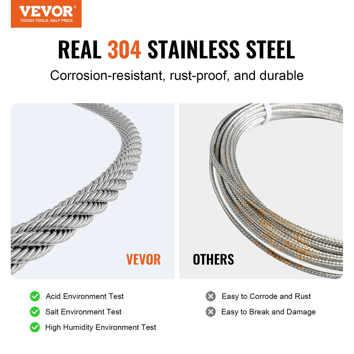 VEVOR Wire Rope Kit, 1.59 mm 100.6 m 304 Stainless Steel Cable with 80 Sleeves and 20 Thimbles, 2KN Breaking Strength, 7 x 7 Strands Marine Aircraft Grade for Handrail Stair Decking Fence Outdoors