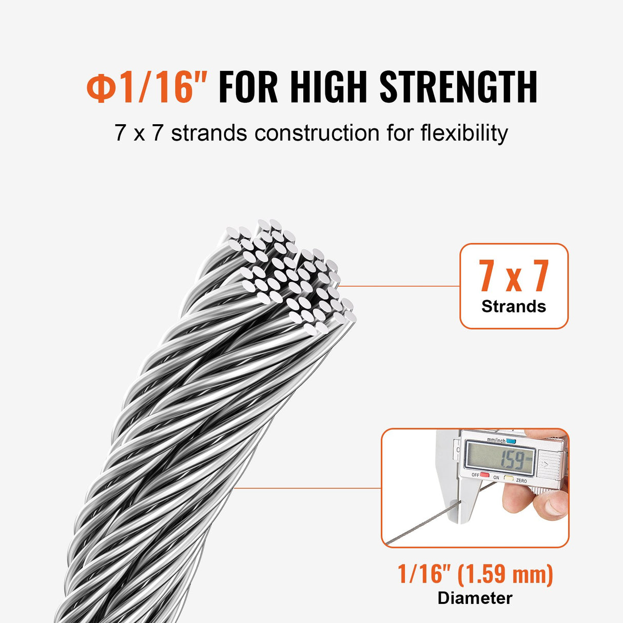 Wire Rope Kit, 1.59 mm 100.6 m 304 Stainless Steel Cable with 80 Sleeves and 20 Thimbles, 2KN Breaking Strength, 7 x 7 Strands Marine Aircraft Grade for Handrail Stair Decking Fence Outdoors