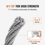 Wire Rope Kit, 1.59 mm 100.6 m 304 Stainless Steel Cable with 80 Sleeves and 20 Thimbles, 2KN Breaking Strength, 7 x 7 Strands Marine Aircraft Grade for Handrail Stair Decking Fence Outdoors