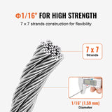 VEVOR Wire Rope Kit, 1.59 mm 100.6 m 304 Stainless Steel Cable with 80 Sleeves and 20 Thimbles, 2KN Breaking Strength, 7 x 7 Strands Marine Aircraft Grade for Handrail Stair Decking Fence Outdoors - Side View