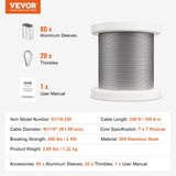 Wire Rope Kit, 1.59 mm 100.6 m 304 Stainless Steel Cable with 80 Sleeves and 20 Thimbles, 2KN Breaking Strength, 7 x 7 Strands Marine Aircraft Grade for Handrail Stair Decking Fence Outdoors