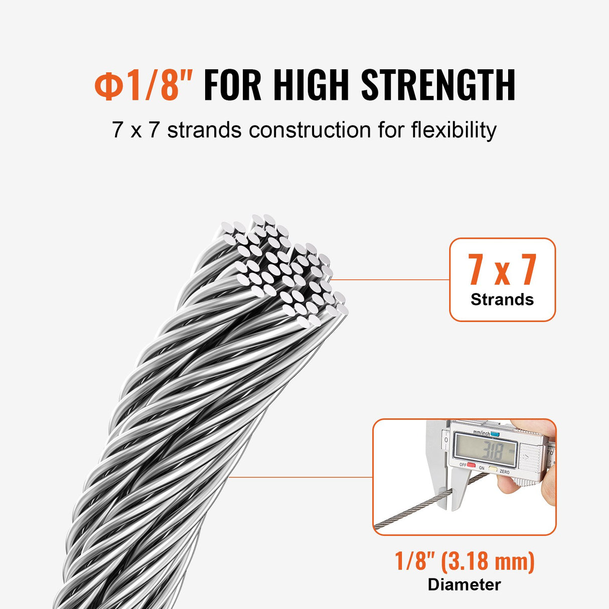 Wire Rope Kit, 3.18 mm 305 m 316 Stainless Steel Cable with Cutter and Gloves, 7.1KN Breaking Strength, 7x7 Strands Construction Marine Aircraft Grade for Handrail Stair Decking Fence Outdoors
