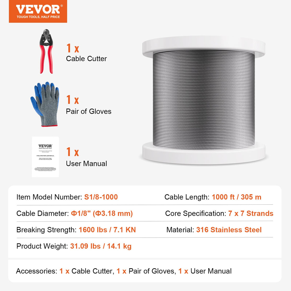 Wire Rope Kit, 3.18 mm 305 m 316 Stainless Steel Cable with Cutter and Gloves, 7.1KN Breaking Strength, 7x7 Strands Construction Marine Aircraft Grade for Handrail Stair Decking Fence Outdoors