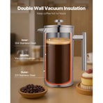 French Press Coffee Maker, 1.5 Liter Stainless Steel Coffee Press Tea Maker with Filter, Large Double Wall Insulated French Presses Cold Brew for Camping Travel Home Kitchen, Silver
