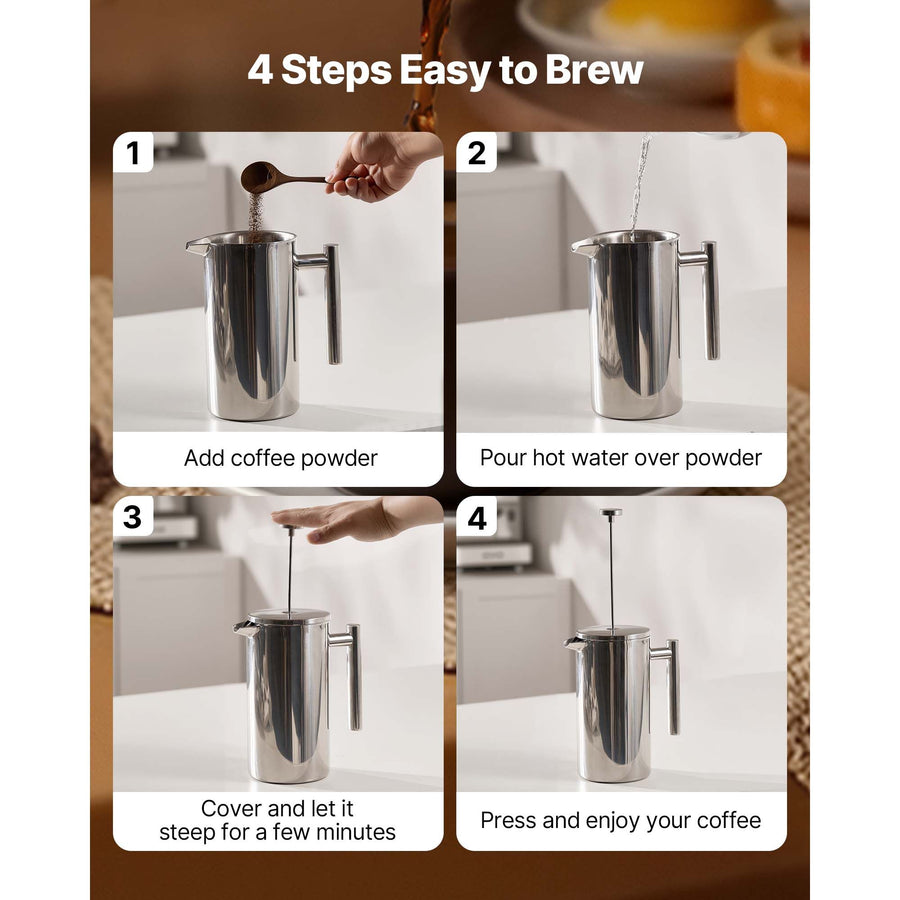 French Press Coffee Maker, 1.5 Liter Stainless Steel Coffee Press Tea Maker with Filter, Large Double Wall Insulated French Presses Cold Brew for Camping Travel Home Kitchen, Silver