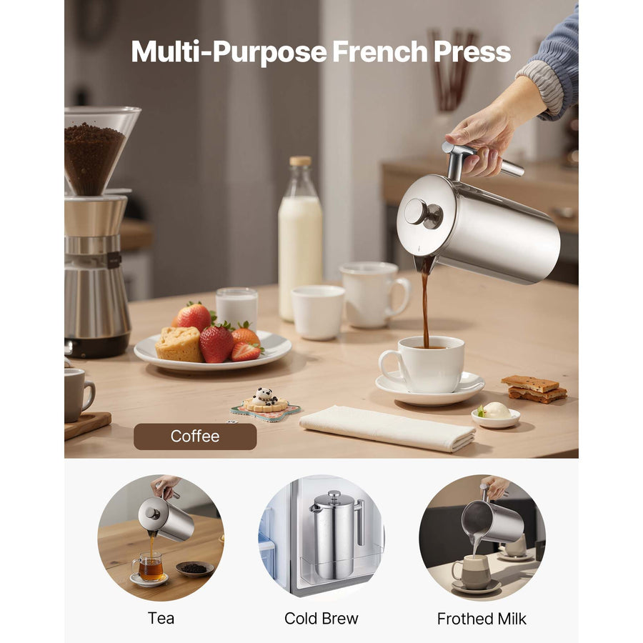 French Press Coffee Maker, 1.5 Liter Stainless Steel Coffee Press Tea Maker with Filter, Large Double Wall Insulated French Presses Cold Brew for Camping Travel Home Kitchen, Silver