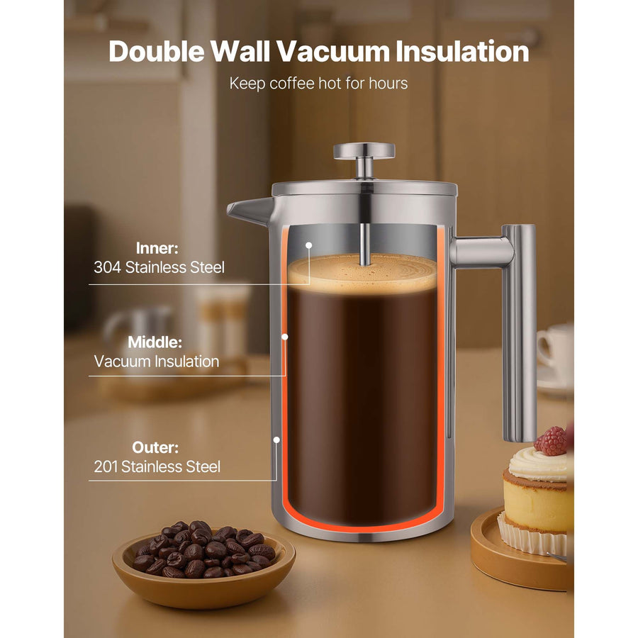 French Press Coffee Maker, 1 Liter Stainless Steel Coffee Press Tea Maker with Filter, Large Double Wall Insulated French Presses Cold Brew for Camping Travel Home Kitchen, Silver