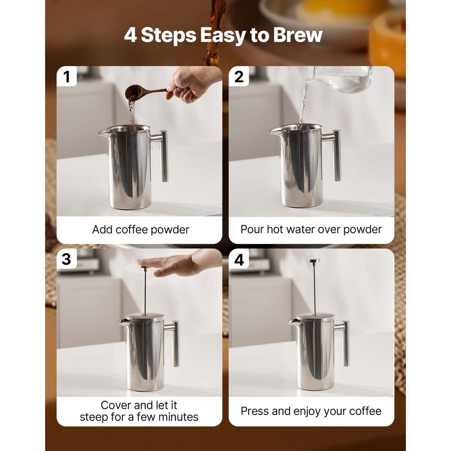 French Press Coffee Maker, 1 Liter Stainless Steel Coffee Press Tea Maker with Filter, Large Double Wall Insulated French Presses Cold Brew for Camping Travel Home Kitchen, Silver