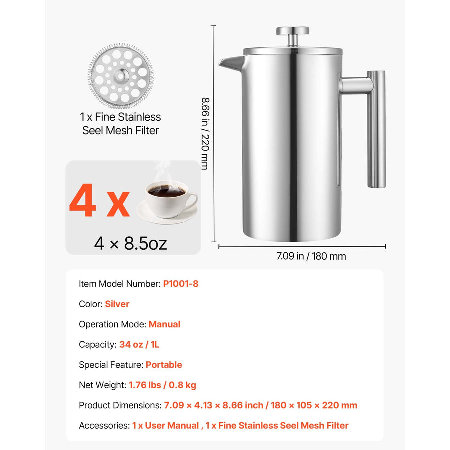 French Press Coffee Maker, 1 Liter Stainless Steel Coffee Press Tea Maker with Filter, Large Double Wall Insulated French Presses Cold Brew for Camping Travel Home Kitchen, Silver