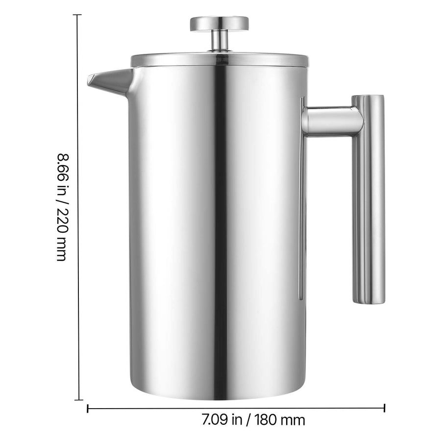 French Press Coffee Maker, 1 Liter Stainless Steel Coffee Press Tea Maker with Filter, Large Double Wall Insulated French Presses Cold Brew for Camping Travel Home Kitchen, Silver