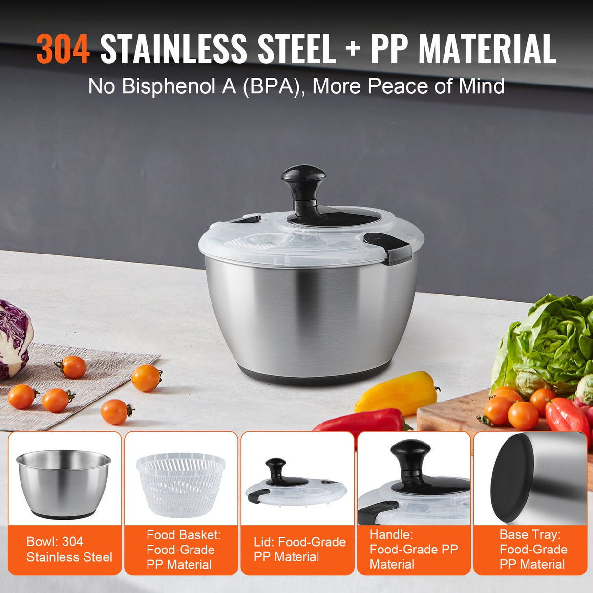 Stainless Steel Salad Spinner, 4.5L, One-handed Easy Press Large Vegetable Dryer Washer, Lettuce Cleaner and Dryer with 304 Stainless Steel Bowl, for Greens, Herbs, Berries, Fruits, No BPA