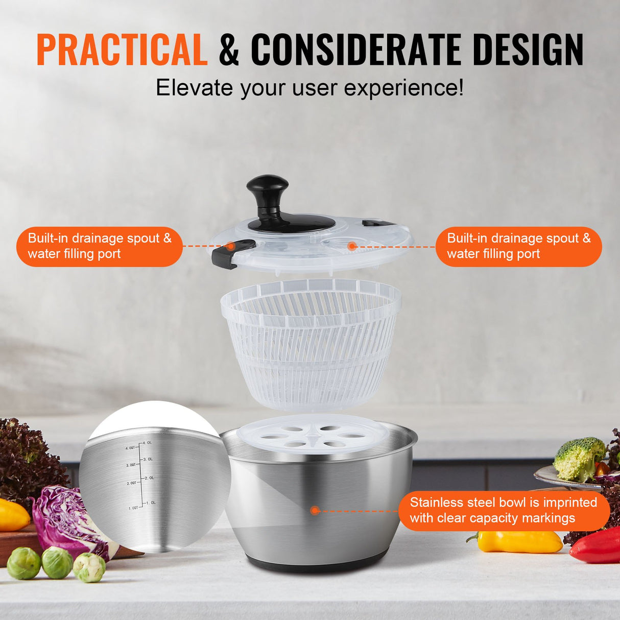 Stainless Steel Salad Spinner, 4.5L, One-handed Easy Press Large Vegetable Dryer Washer, Lettuce Cleaner and Dryer with 304 Stainless Steel Bowl, for Greens, Herbs, Berries, Fruits, No BPA