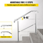 3 Step Railing Stainless Steel Transitional Handrail fit for Level Surface and 1 to 3 Steps Adjustable Stair Railing Indoor Outdoor Step Railings 220lb Capacity W/ Installation Kit Porch DIY