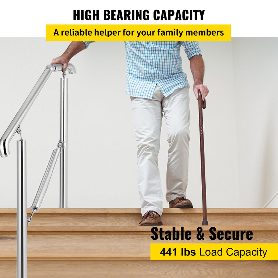 3 Step Railing Stainless Steel Transitional Handrail fit for Level Surface and 1 to 3 Steps Adjustable Stair Railing Indoor Outdoor Step Railings 220lb Capacity W/ Installation Kit Porch DIY