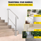VEVOR 3 Step Railing Stainless Steel Transitional Handrail fit for Level Surface and 1 to 3 Steps Adjustable Stair Railing Indoor Outdoor Step Railings 220lb Capacity W/ Installation Kit Porch DIY - Front View