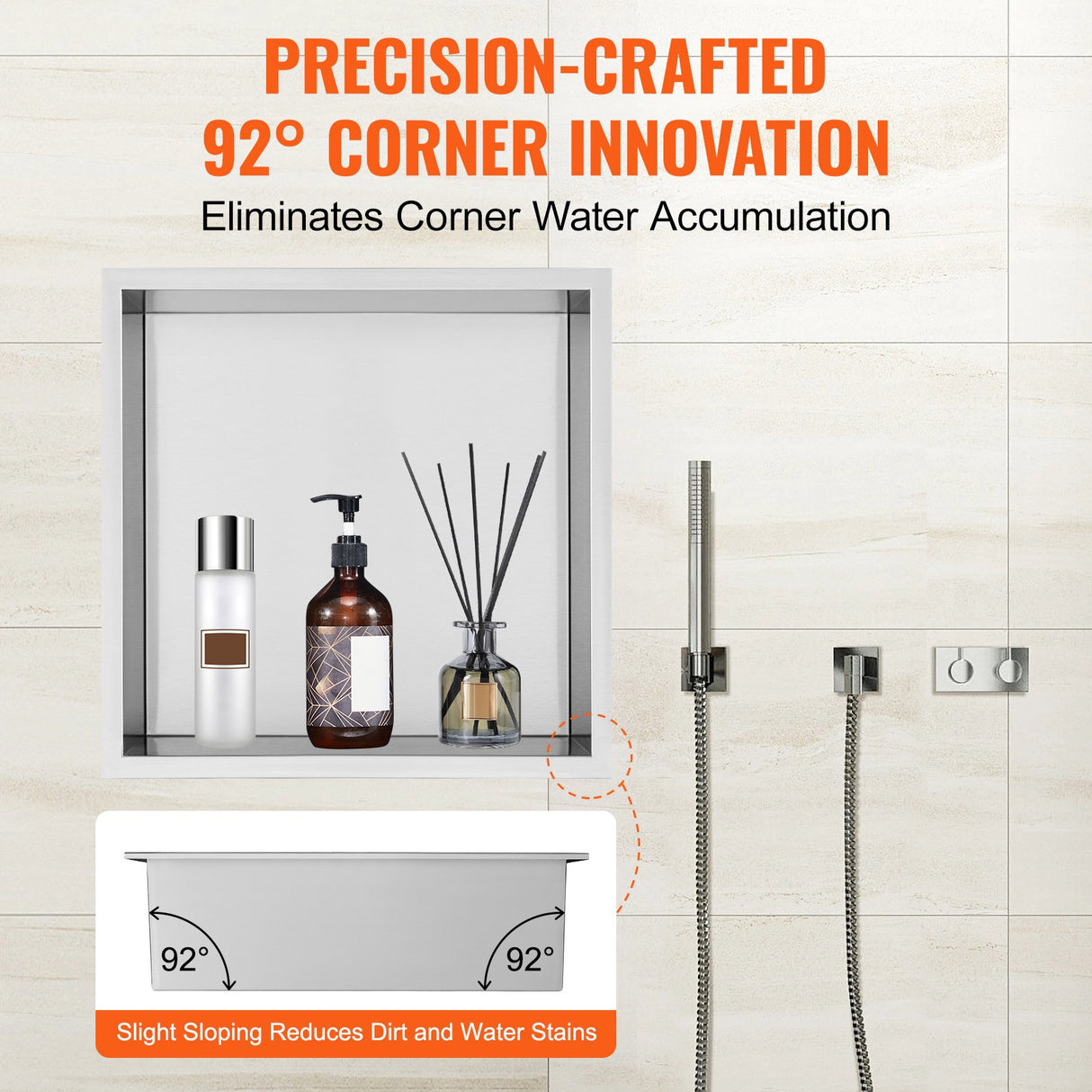 33.02 x 33.02 cm No Tile Shower Niche 304 Stainless Steel, Wall-Inserted Niche Recessed Double Shelves, Sealed Waterproof Rust-Resistant Modern Niche for Shower Bathroom Soap Storage, Silver