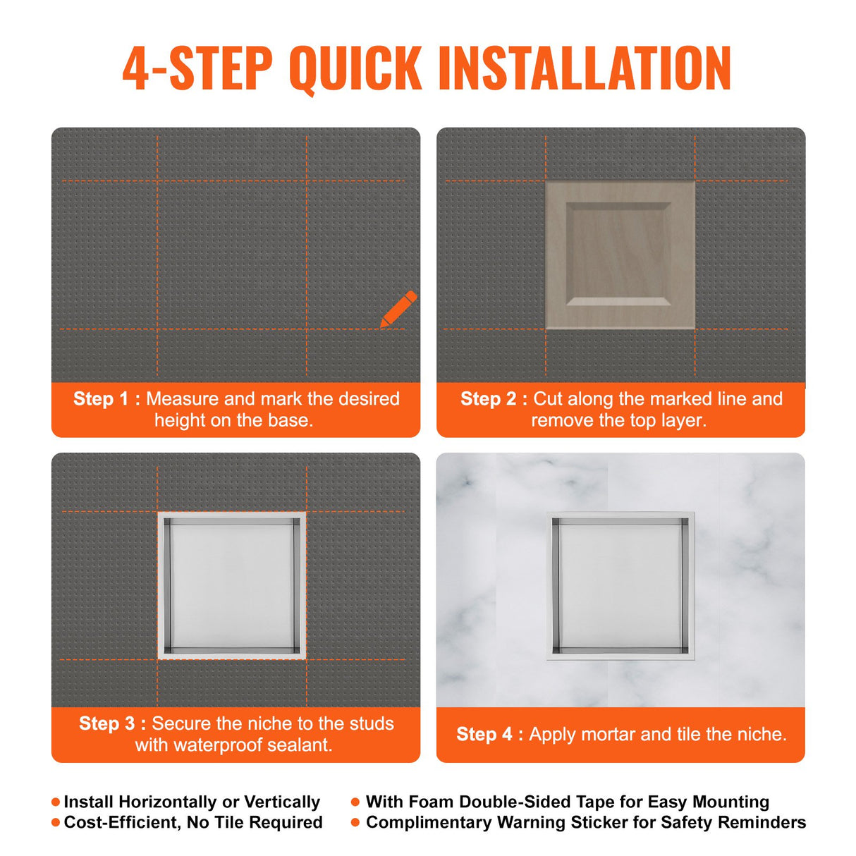 VEVOR 33.02 x 33.02 cm No Tile Shower Niche 304 Stainless Steel, Wall-Inserted Niche Recessed Double Shelves, Sealed Waterproof Rust-Resistant Modern Niche for Shower Bathroom Soap Storage, Silver