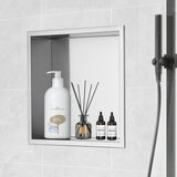 VEVOR 33.02 x 33.02 cm No Tile Shower Niche 304 Stainless Steel, Wall-Inserted Niche Recessed Double Shelves, Sealed Waterproof Rust-Resistant Modern Niche for Shower Bathroom Soap Storage, Silver - Low Angle