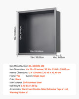 VEVOR Shower Niche, 33.0 x 33.0 x 10.2 cm Recessed Wall Niche, Heavy-duty Stainless Steel Modern Soap & Shampoo Storage Organizer, Sealed Waterproof, Durable & Easy to Install, Black for Bathroom - Close-Up Angle