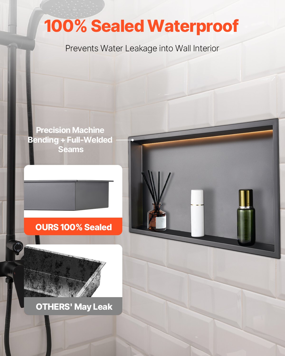VEVOR Shower Niche 33.0x63.5x10.2 cm Recessed Shelf W/ LED Strip Stainless Steel