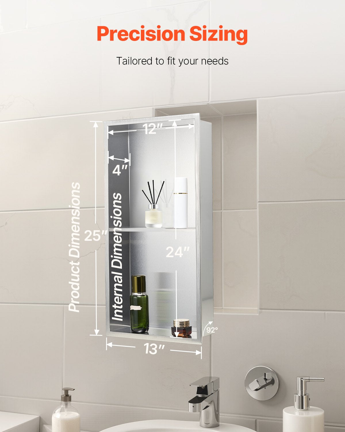 Shower Niche, 33.0 x 63.5 x 10.2 cm Recessed Wall Niche Double-layer, with Hollowed-out Divider, Heavy-duty Stainless Steel Modern Shampoo Storage Organizer, Waterproof, Silver for Bathroom
