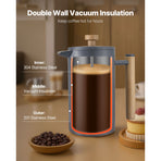 French Press Coffee Maker, 1 Liter Stainless Steel Coffee Press Tea Maker with Filter, Large Double Wall Insulated French Presses Cold Brew for Camping Travel Home Kitchen, Black