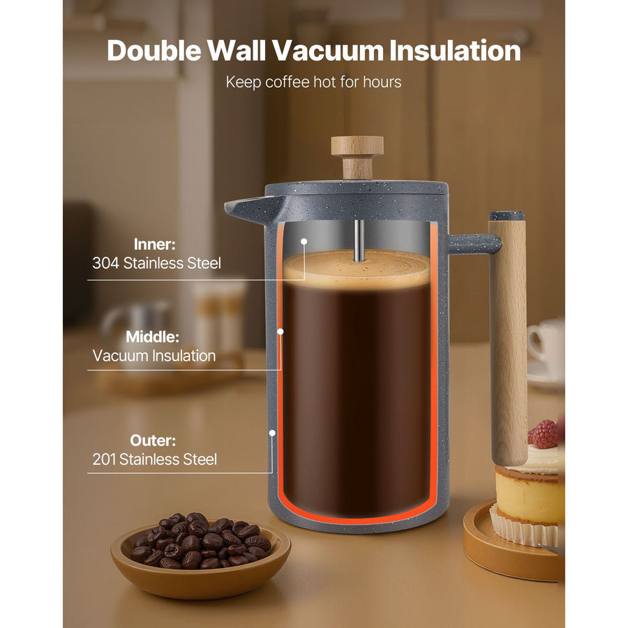 French Press Coffee Maker, 1 Liter Stainless Steel Coffee Press Tea Maker with Filter, Large Double Wall Insulated French Presses Cold Brew for Camping Travel Home Kitchen, Black