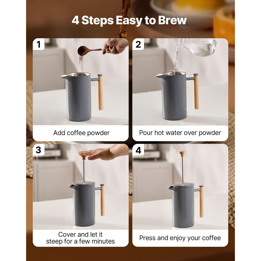 French Press Coffee Maker, 1 Liter Stainless Steel Coffee Press Tea Maker with Filter, Large Double Wall Insulated French Presses Cold Brew for Camping Travel Home Kitchen, Black