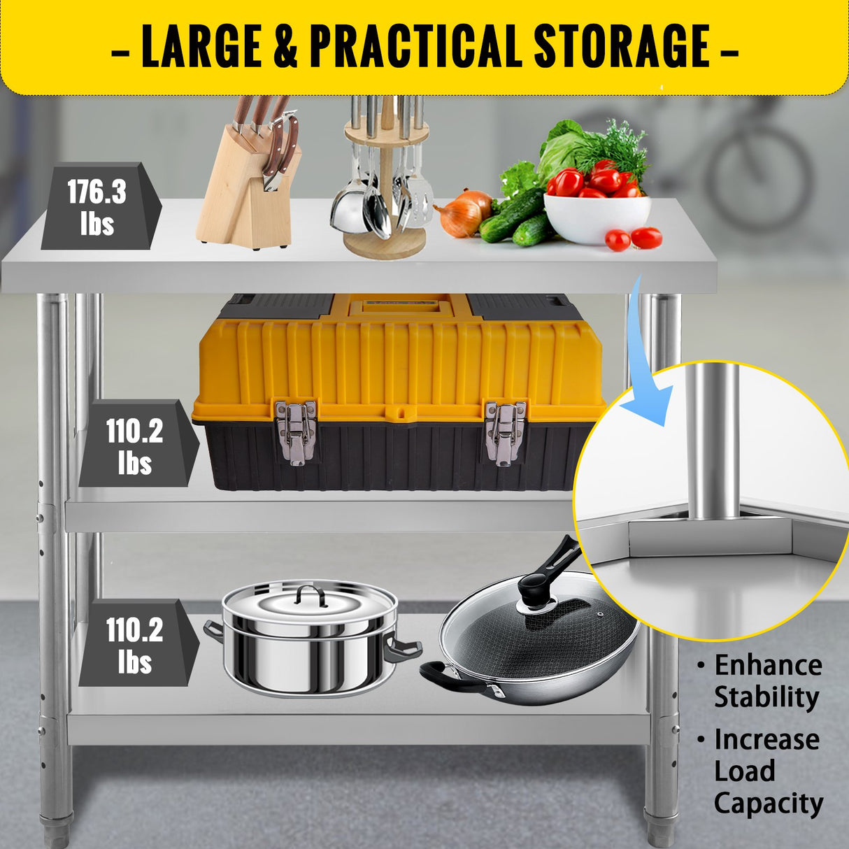 VEVOR Stainless Steel Prep Table 1520x450x855 mm Commercial Stainless Steel Table 2 Adjustable Undershelf BBQ Prep Table Heavy Duty Kitchen Work Table for Garage Home Warehouse Kitchen Silver