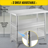VEVOR Stainless Steel Prep Table, 1520x450x855 mm Commercial Stainless Steel Table, 2 Adjustable Undershelf BBQ Prep Table, Heavy Duty Kitchen Work