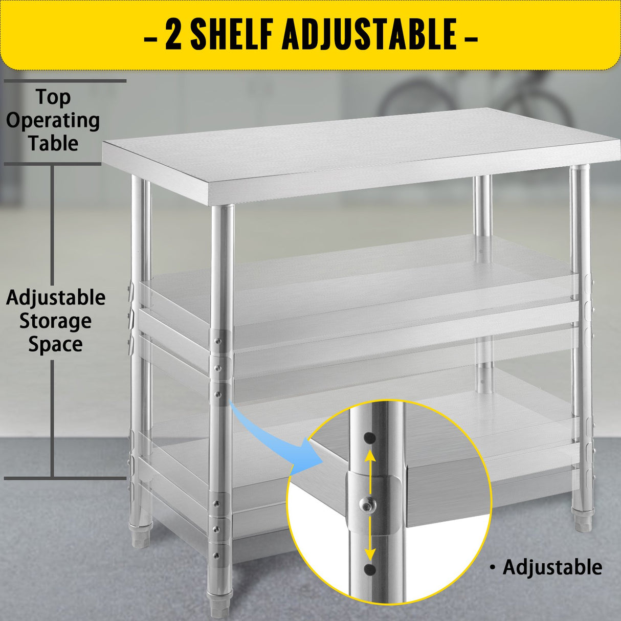 VEVOR Stainless Steel Prep Table 1520x450x855 mm Commercial Stainless Steel Table 2 Adjustable Undershelf BBQ Prep Table Heavy Duty Kitchen Work Table for Garage Home Warehouse Kitchen Silver