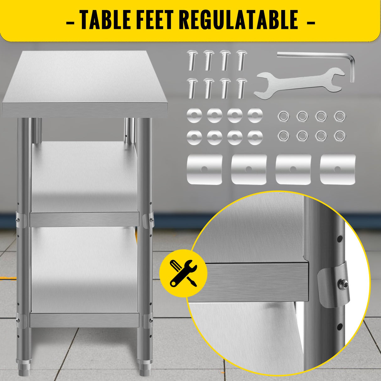 VEVOR Stainless Steel Prep Table 1520x450x855 mm Commercial Stainless Steel Table 2 Adjustable Undershelf BBQ Prep Table Heavy Duty Kitchen Work Table for Garage Home Warehouse Kitchen Silver