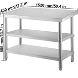VEVOR Stainless Steel Prep Table, 1520x450x855 mm Commercial Stainless Steel Table, 2 Adjustable Undershelf BBQ Prep Table, Heavy Duty Kitchen Work