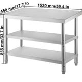 VEVOR Stainless Steel Prep Table 1520x450x855 mm Commercial Stainless Steel Table 2 Adjustable Undershelf BBQ Prep Table Heavy Duty Kitchen Work Table for Garage Home Warehouse Kitchen Silver - Low Angle