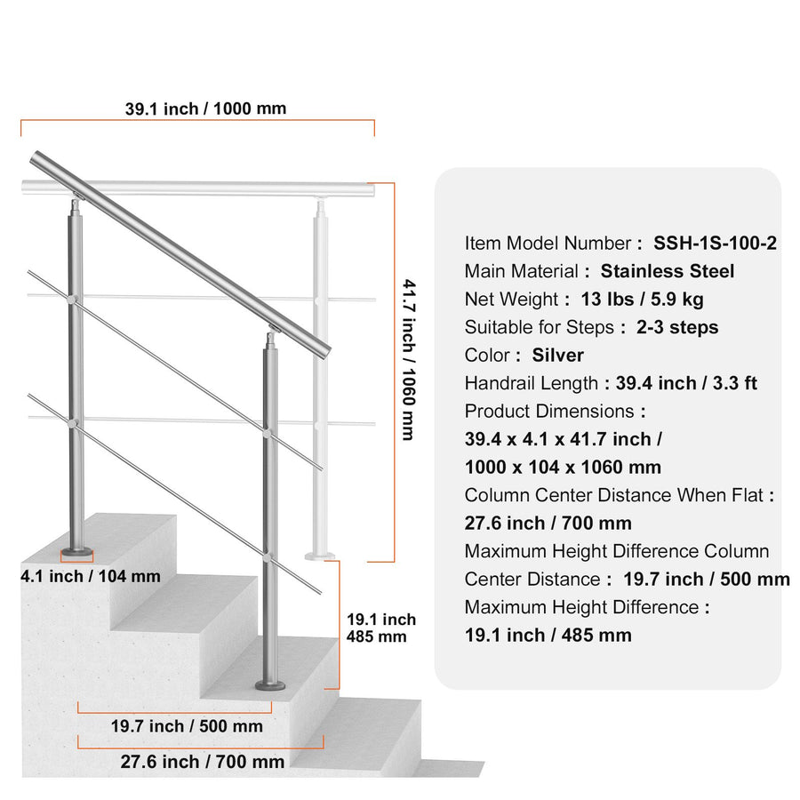 39.4in Handrails for Outdoor Steps 2 Crossbars Staircase for Porch Deck