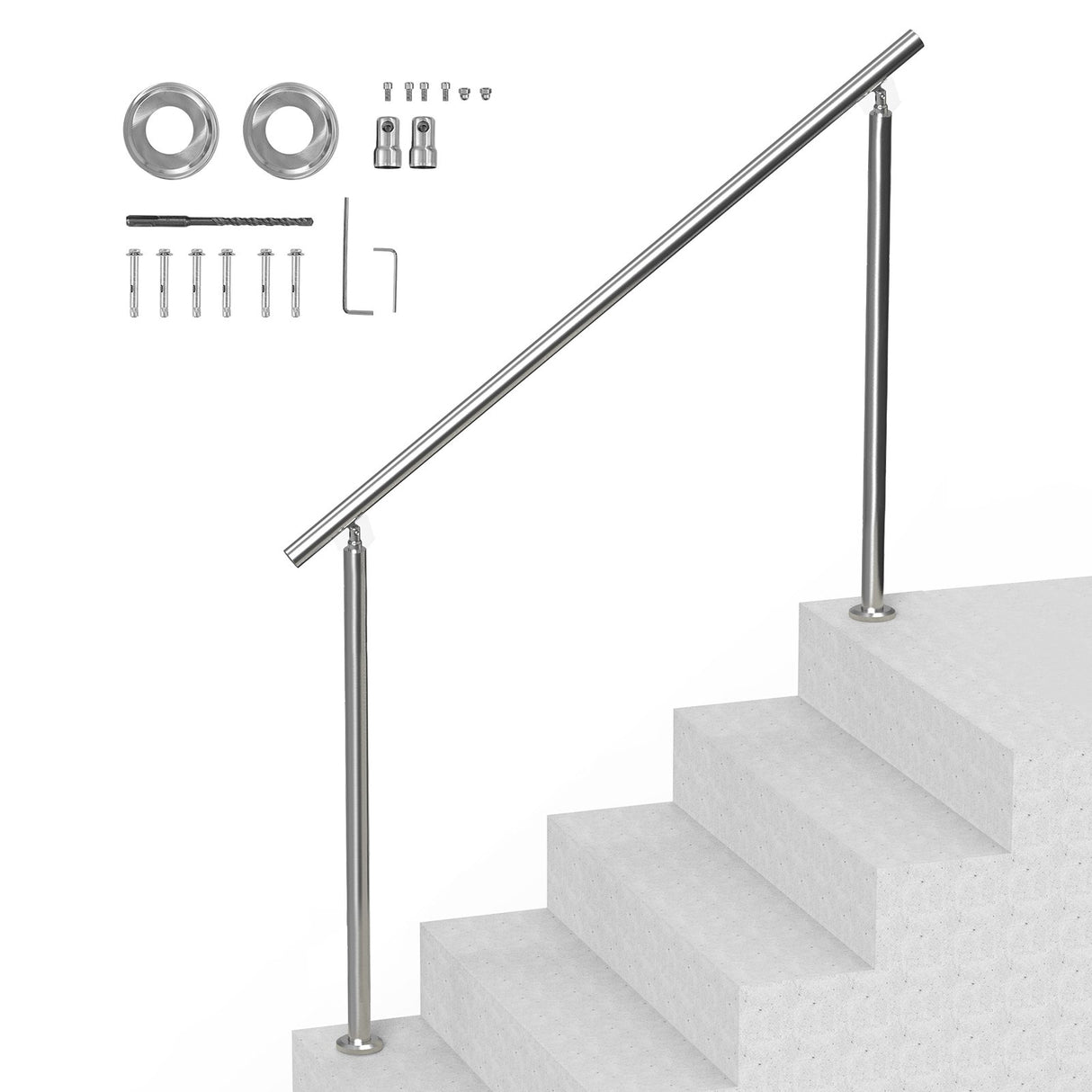 VEVOR Handrails for Outdoor Steps, 59 in/ 150cm Length Stair Hand Rail Kit, Transitional Stainless Steel Railings with Installation Kit, Double-column Staircase Handrails for Seniors,Porch & Deck