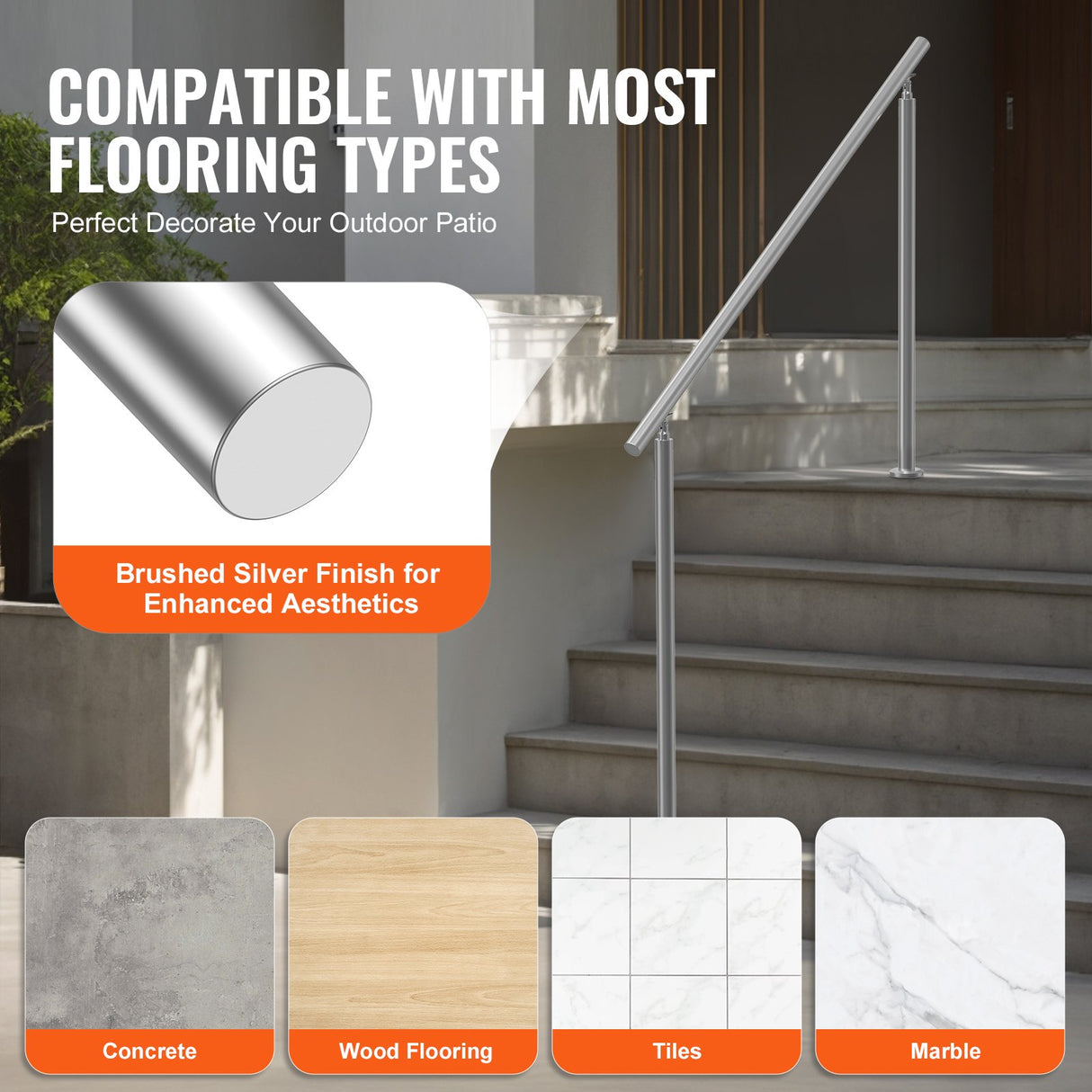 VEVOR Handrails for Outdoor Steps, 59 in/ 150cm Length Stair Hand Rail Kit, Transitional Stainless Steel Railings with Installation Kit, Double-column Staircase Handrails for Seniors,Porch & Deck