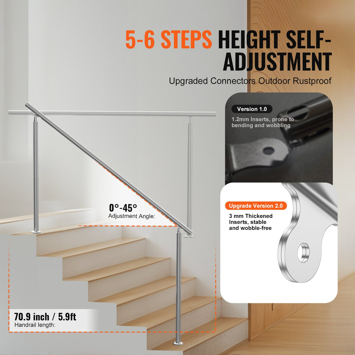 VEVOR Handrails for Outdoor Steps, 70.9 in/ 180cm Length Stair Hand Rail Kit, Transitional Stainless Steel Railings with Installation Kit, Double-column Staircase Handrails for Seniors,Porch & Deck
