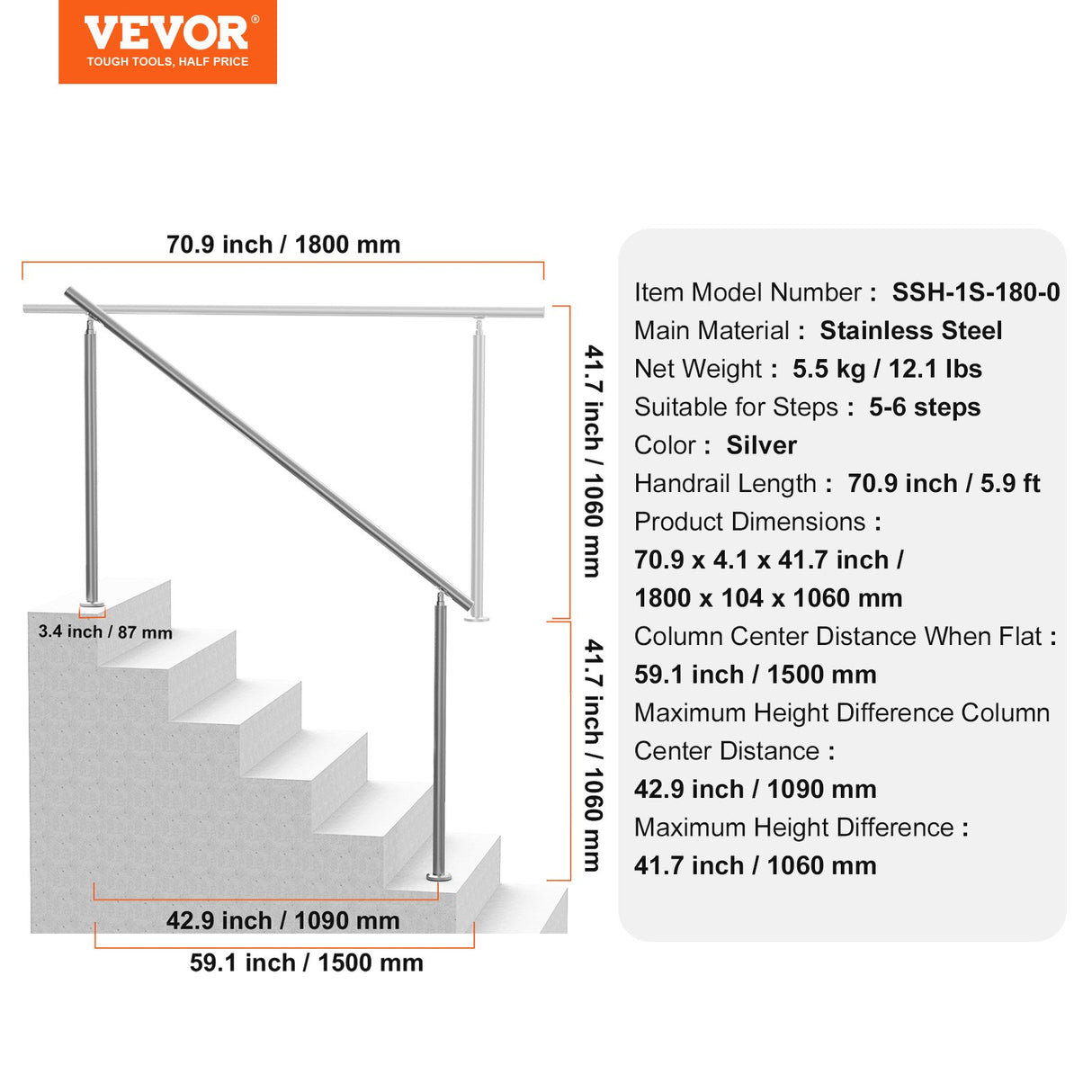 VEVOR Handrails for Outdoor Steps, 70.9 in/ 180cm Length Stair Hand Rail Kit, Transitional Stainless Steel Railings with Installation Kit, Double-column Staircase Handrails for Seniors,Porch & Deck