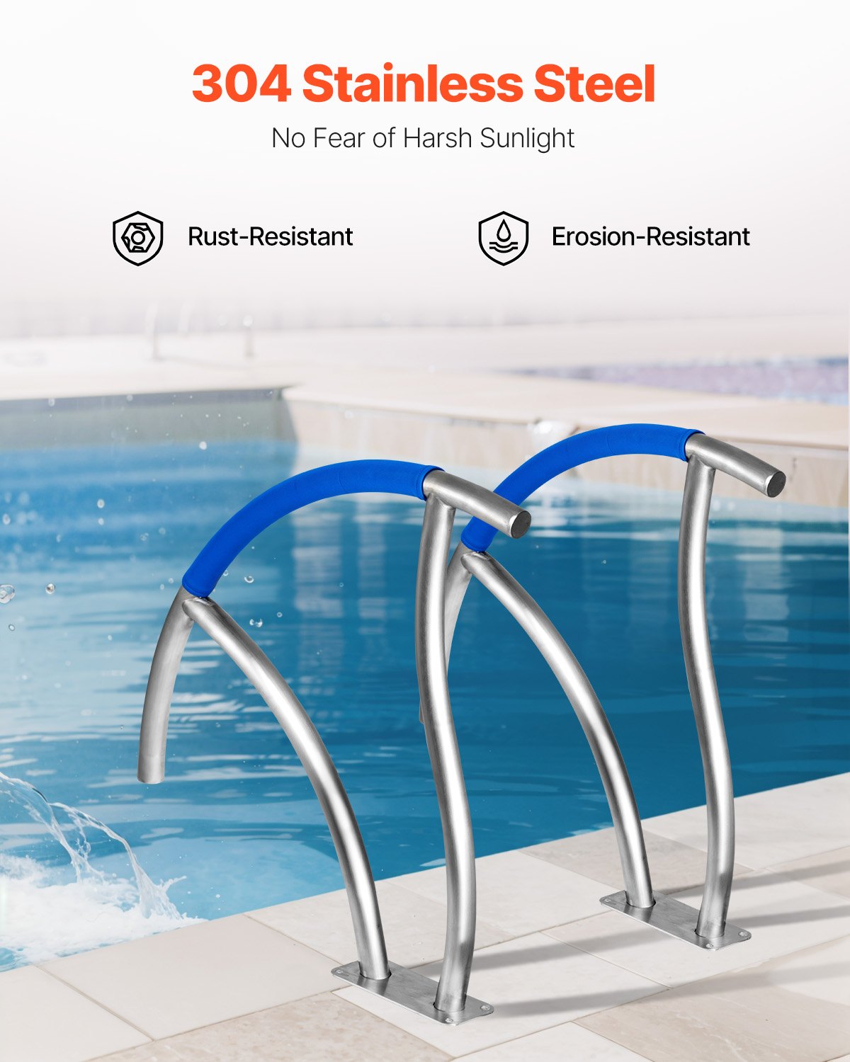 VEVOR Pool Handrail, 30" x 30" Swimming Pool Stair Rail, 2 PCs Stainless Steel Stair Pool Hand Rail Rated 375lbs Load Capacity, Pool Rail with Quick Mount Base Plate, and Complete Mounting Accessories