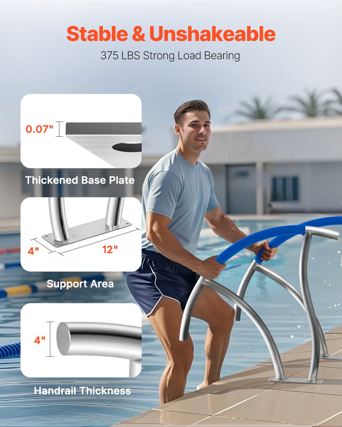 VEVOR Pool Handrail, 30" x 30" Swimming Pool Stair Rail, 2 PCs Stainless Steel Stair Pool Hand Rail Rated 375lbs Load Capacity, Pool Rail with Quick