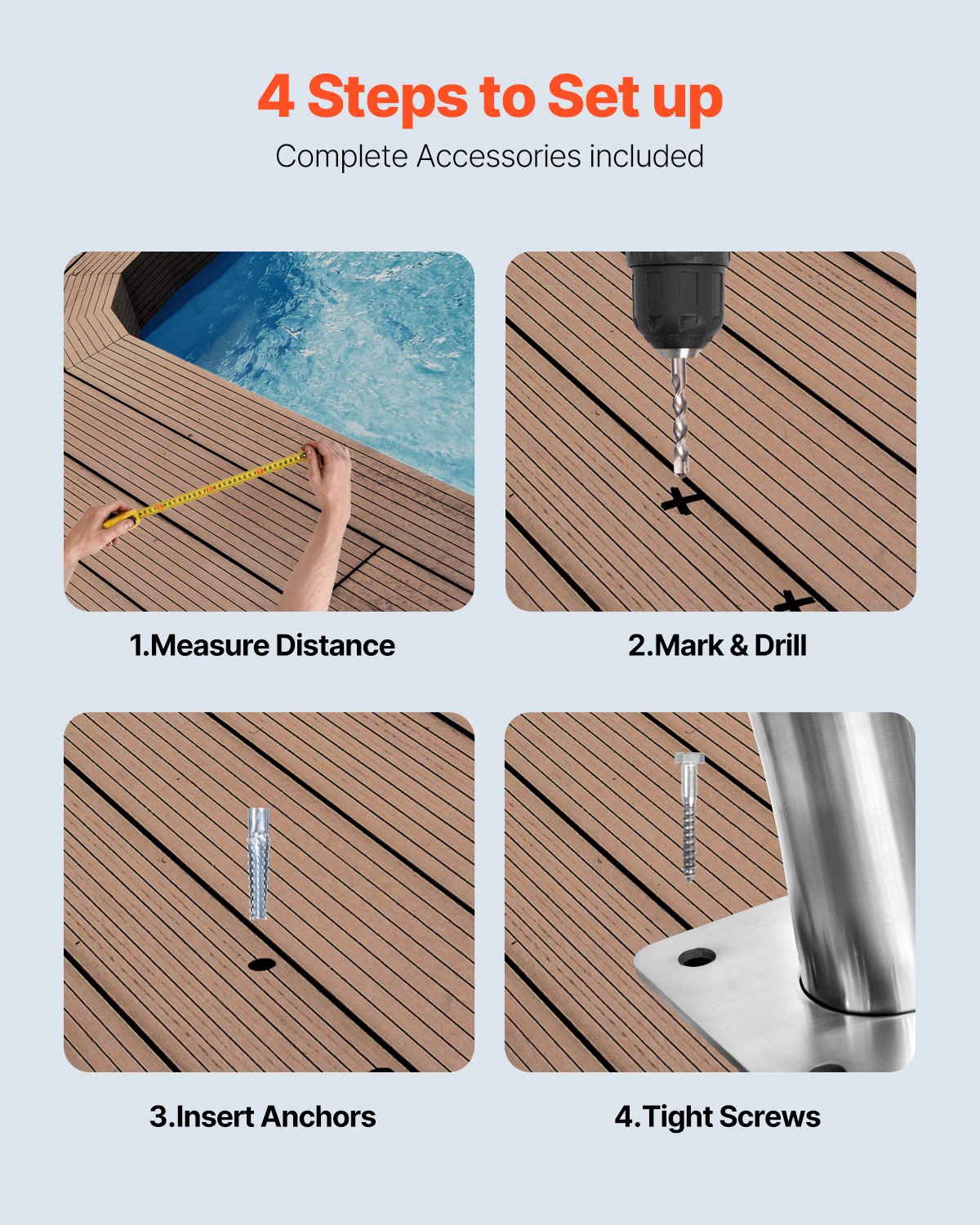 VEVOR Pool Handrail, 30" x 30" Swimming Pool Stair Rail, 2 PCs Stainless Steel Stair Pool Hand Rail Rated 375lbs Load Capacity, Pool Rail with Quick