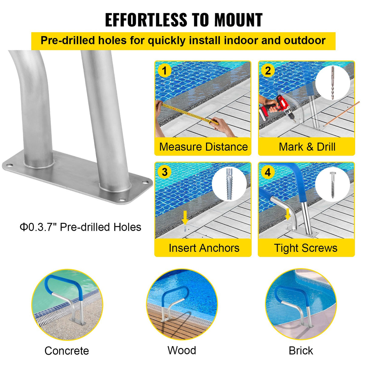 VEVOR Pool Rail 30x22 Pool Railing 304 Stainless Steel 250LBS Load Capacity Silver Rustproof Pool Handrail Humanized Swimming Pool Handrail with Blue