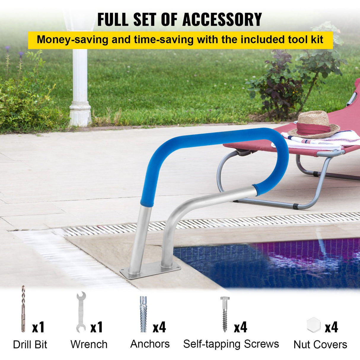 VEVOR Pool Rail 30x22 Pool Railing 304 Stainless Steel 250LBS Load Capacity Silver Rustproof Pool Handrail Humanized Swimming Pool Handrail with Blue
