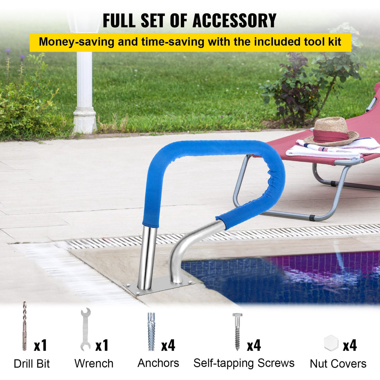 VEVOR Pool Rail 32x23 Pool Railing 304 Stainless Steel 250LBS Load Capacity Silver Rustproof Pool Handrail Humanized Swimming Pool Handrail with Blue