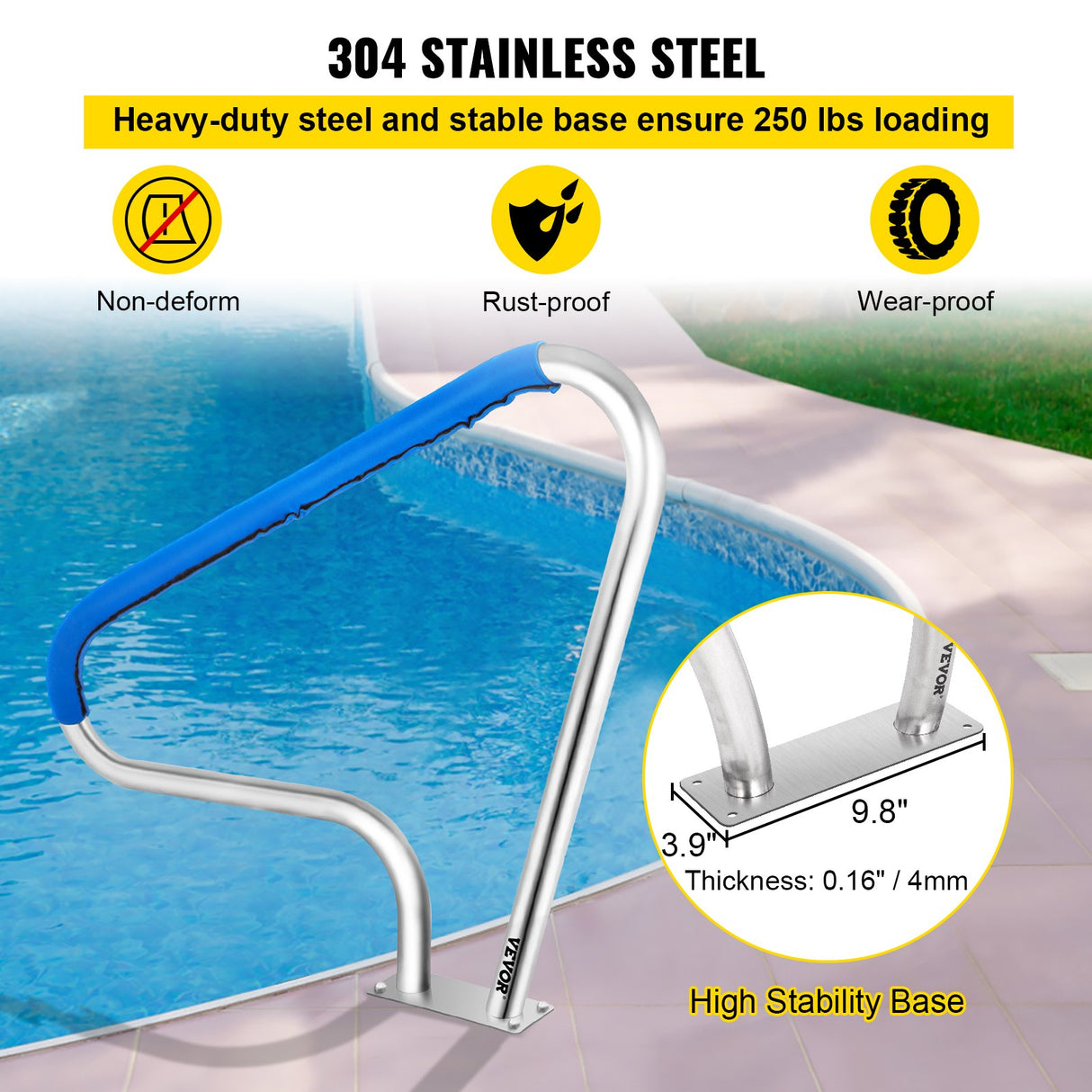 VEVOR Pool Rail 48x36 Pool Railing 304 Stainless Steel 250LBS Load Capacity Silver Rustproof Pool Ha