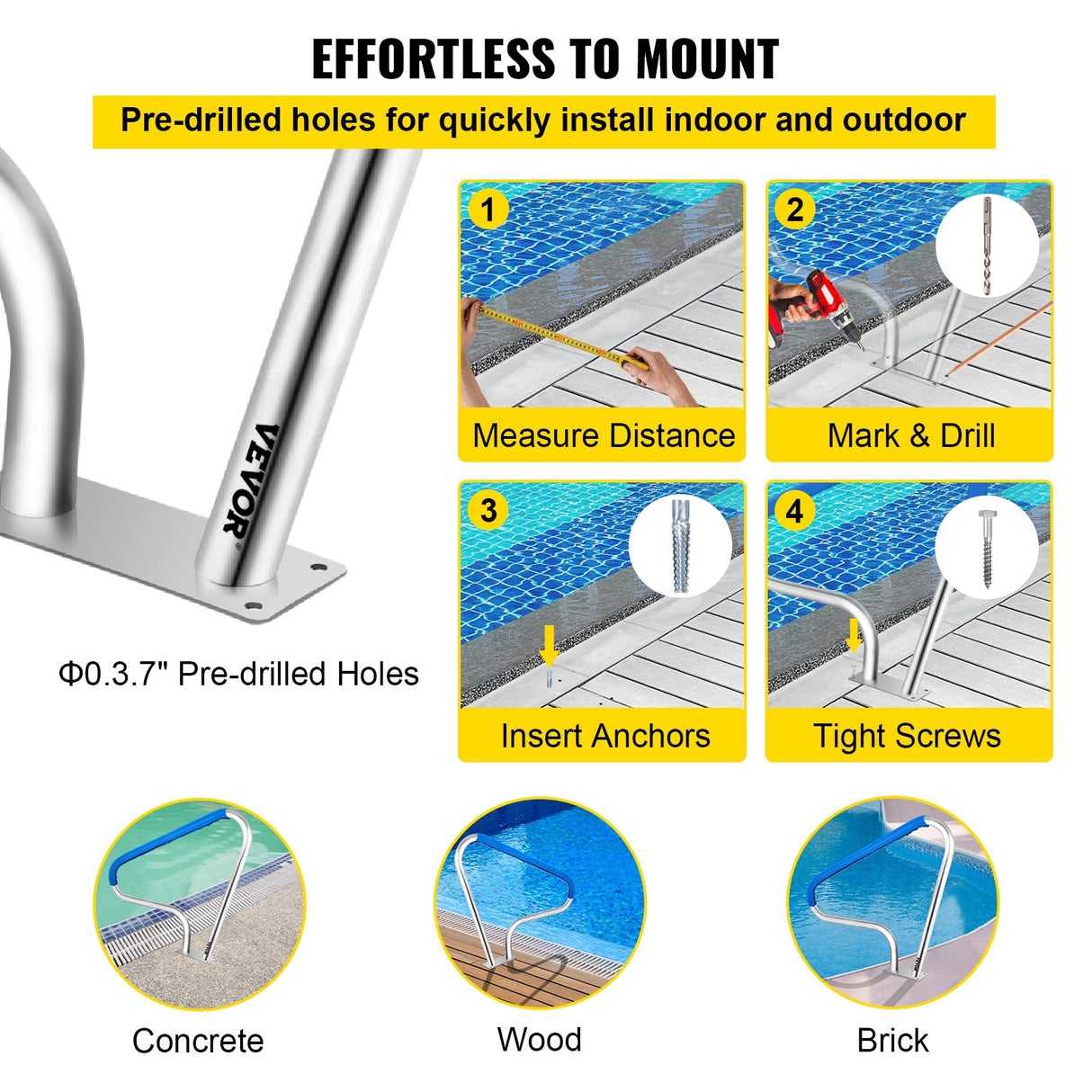 VEVOR Pool Rail 48x36 Pool Railing 304 Stainless Steel 250LBS Load Capacity Silver Rustproof Pool Ha